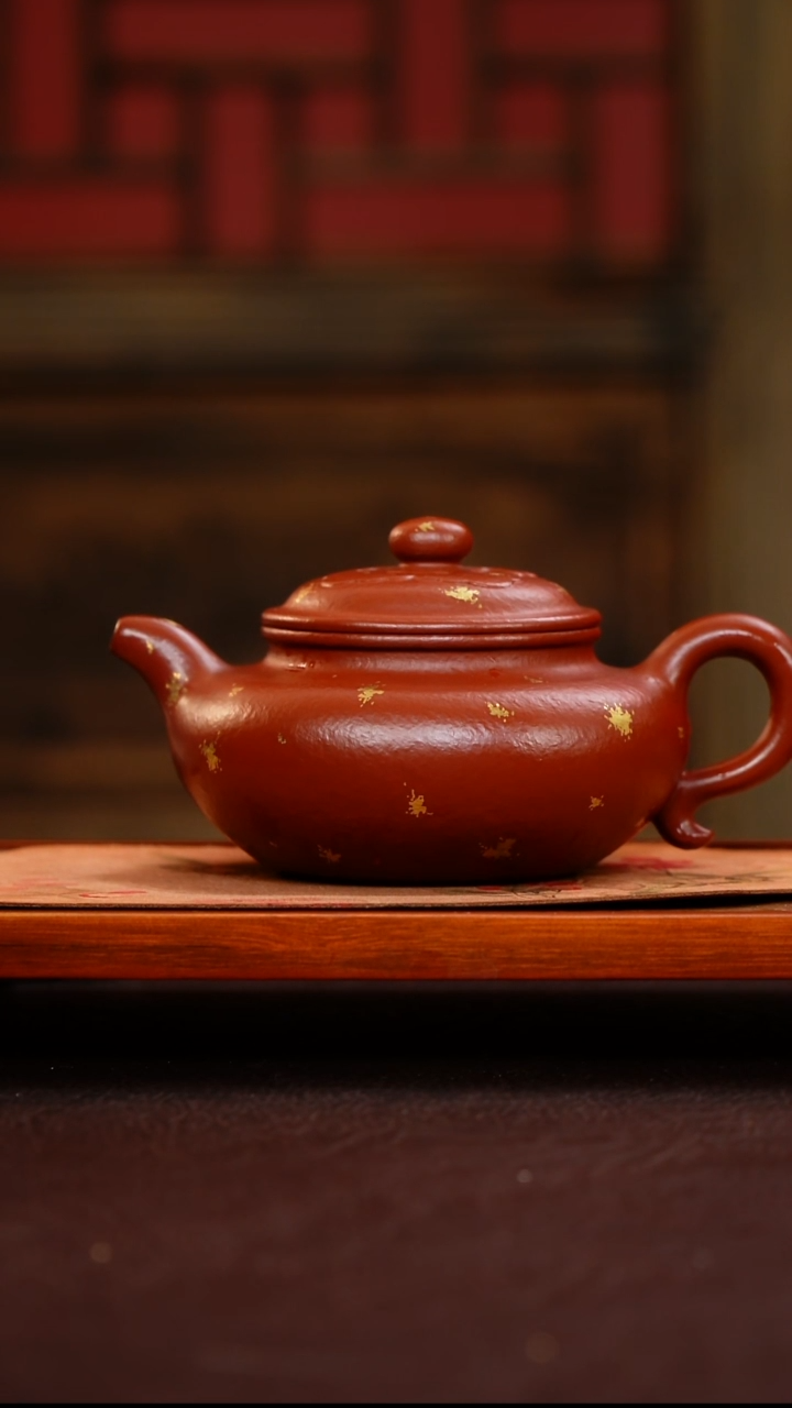 茶壶紫砂 仿古 朱泥大红袍 洒金贴如意 300cc