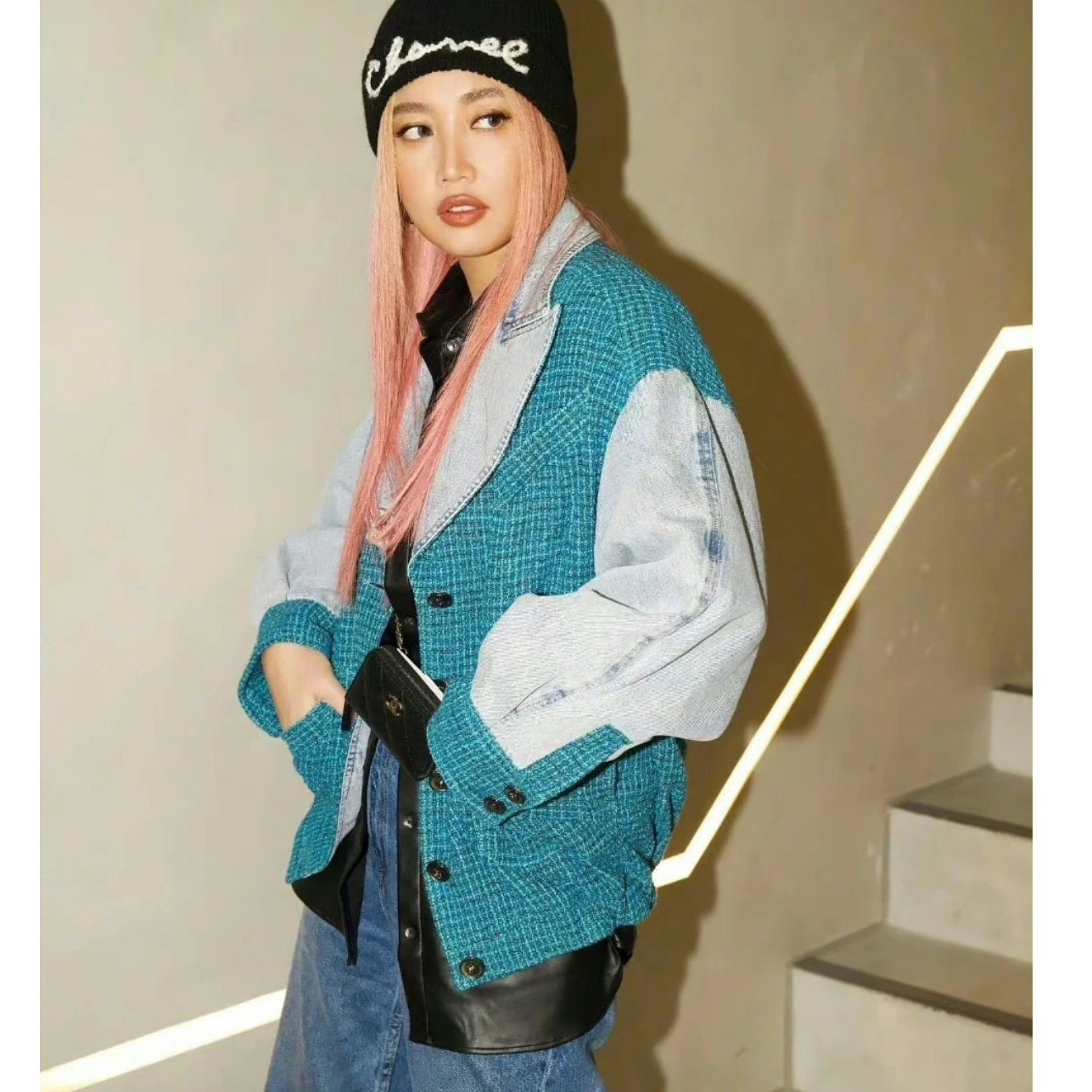 99新 Chanel/香奈儿 22P牛仔拼接蓝绿软呢编织外套/f36/编号0790 