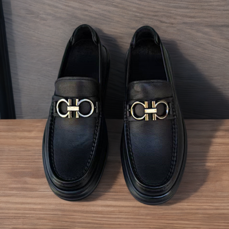 男士套脚黑色软底软面百搭厚底平跟商务休闲真皮舒适乐福鞋