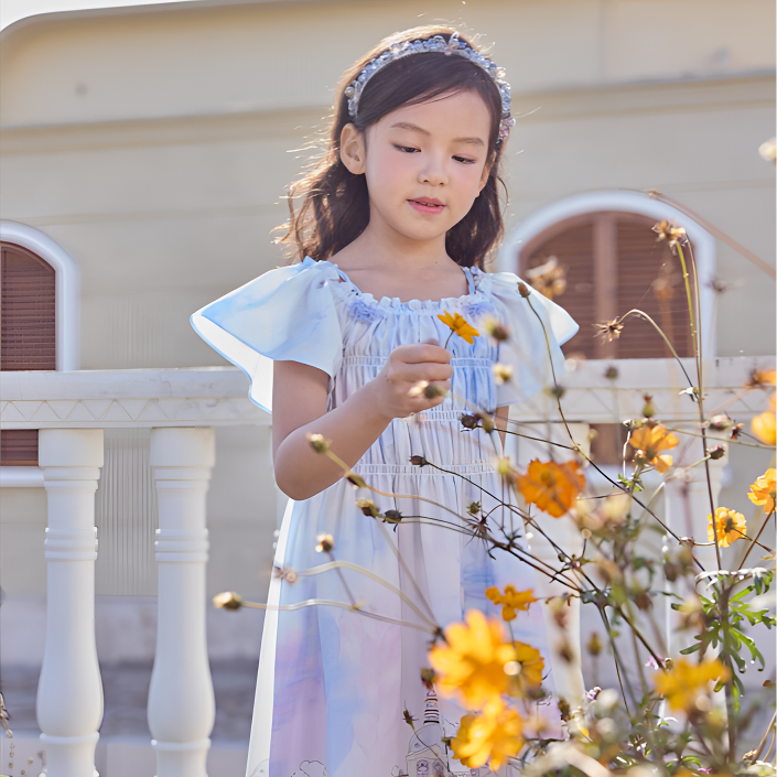 [魔都漫游]EP雅莹童装2025夏女童新款荷叶袖弹力拼接大摆连衣裙
