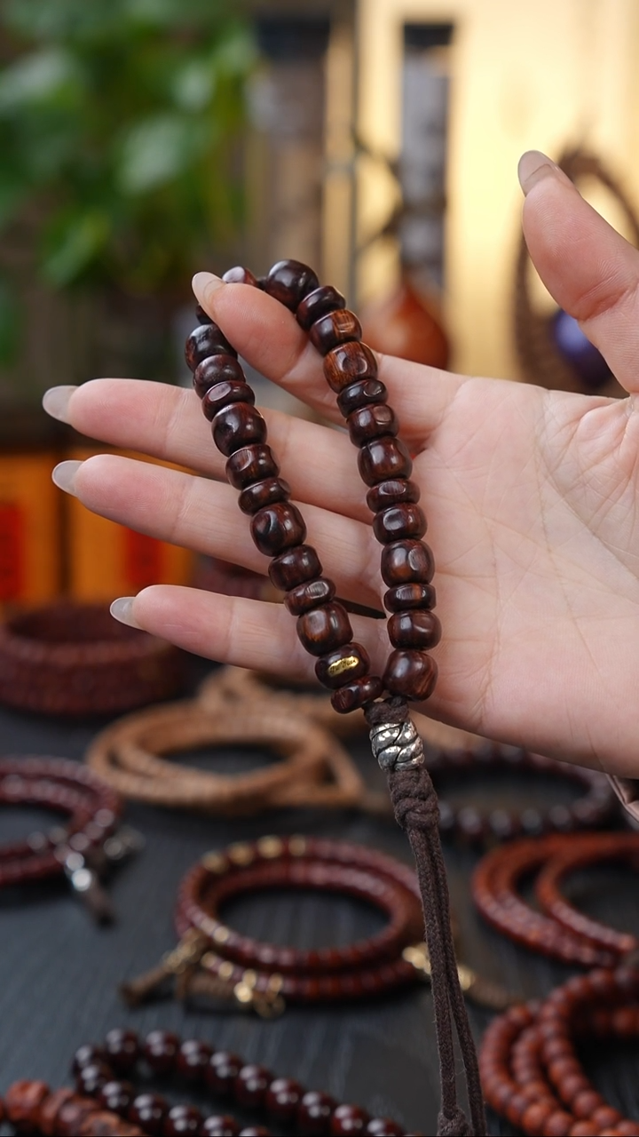 黄花梨/降香黄檀手串/手链海南黄花梨紫油梨金标手持+银线束