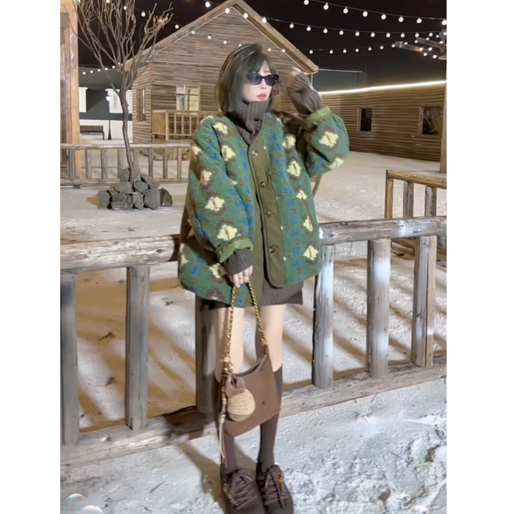 【木棉】复古印花羊羔毛外套女秋冬欧韩货廓形慵懒风两面穿百搭A760