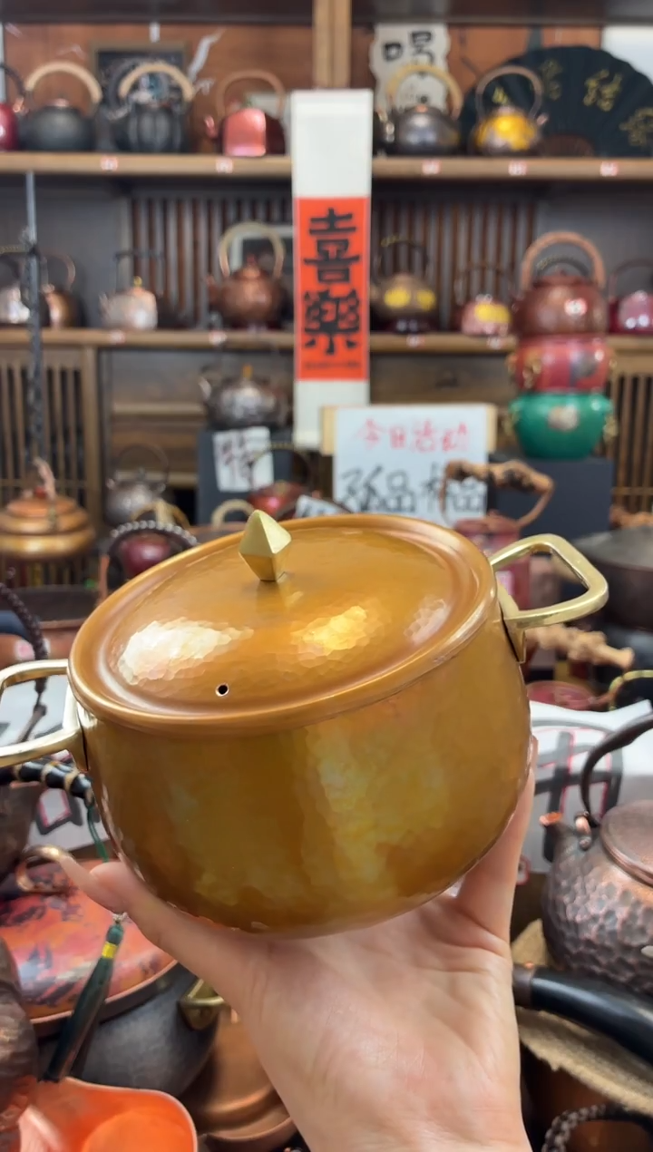 包浆色 双耳紫铜小锅    