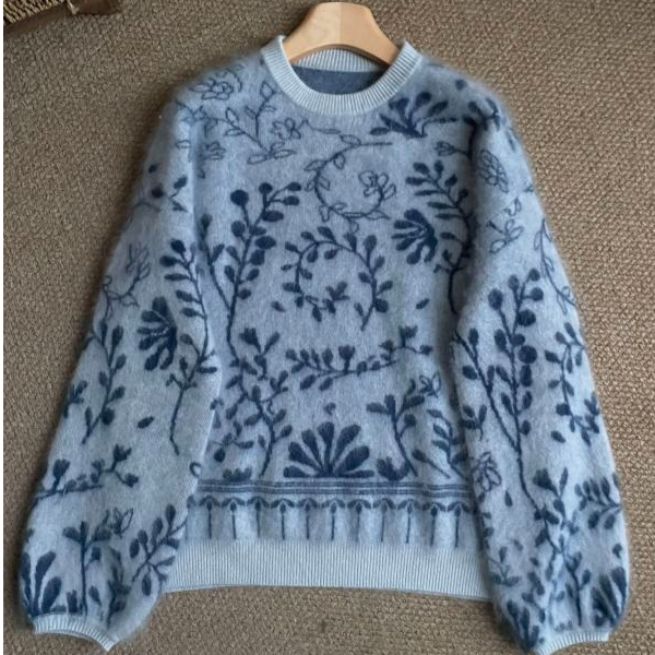 厚款羊绒衫绒衫针织提花灰色落肩袖扎染宽松女圆领Y