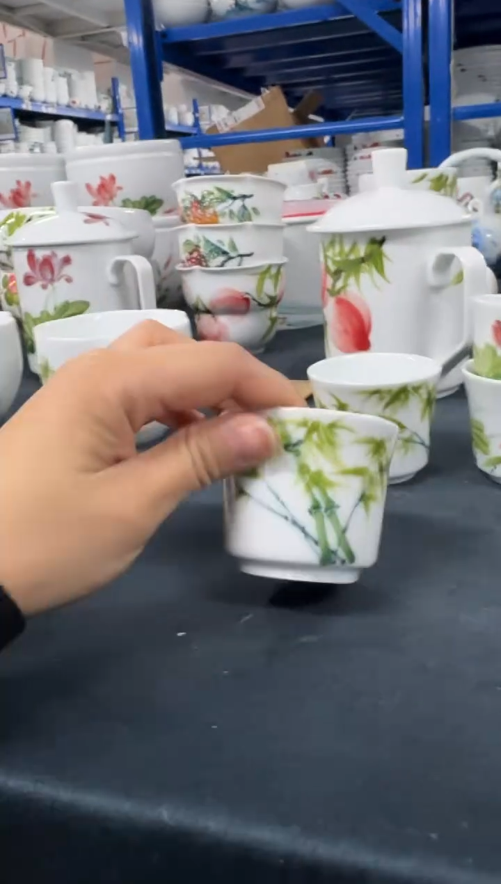 景德镇高温陶瓷食品级手绘釉中彩-竹节杯