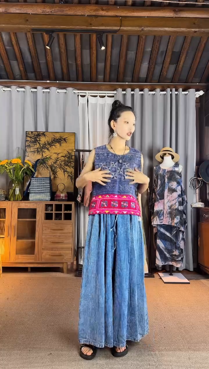 设计师款蓝色老麻拼接刺绣背心