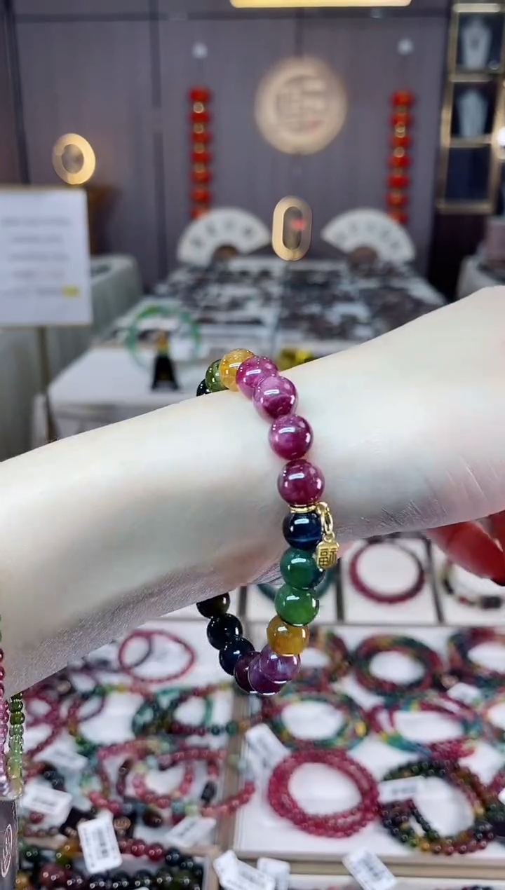 未镶嵌老矿碧玺色标彩虹单圈手串8mm+碧玺dan多样性发货一条