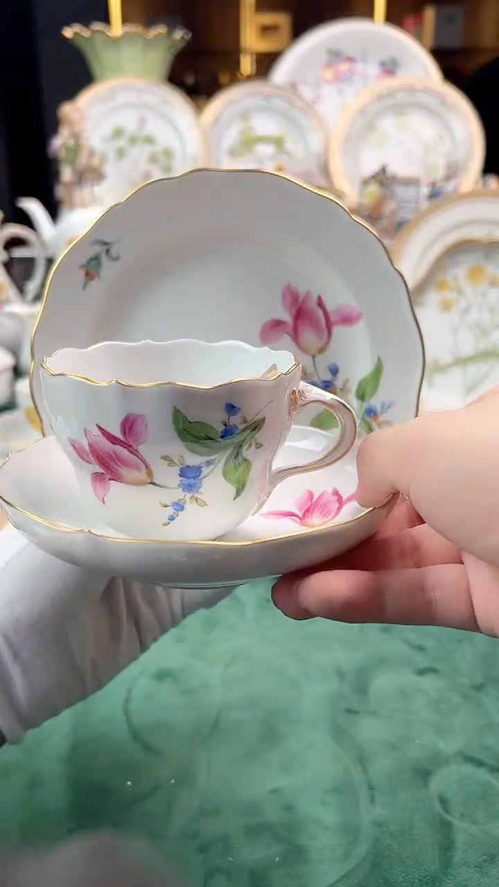 瓷片梅森二等花卉咖啡杯碟盘