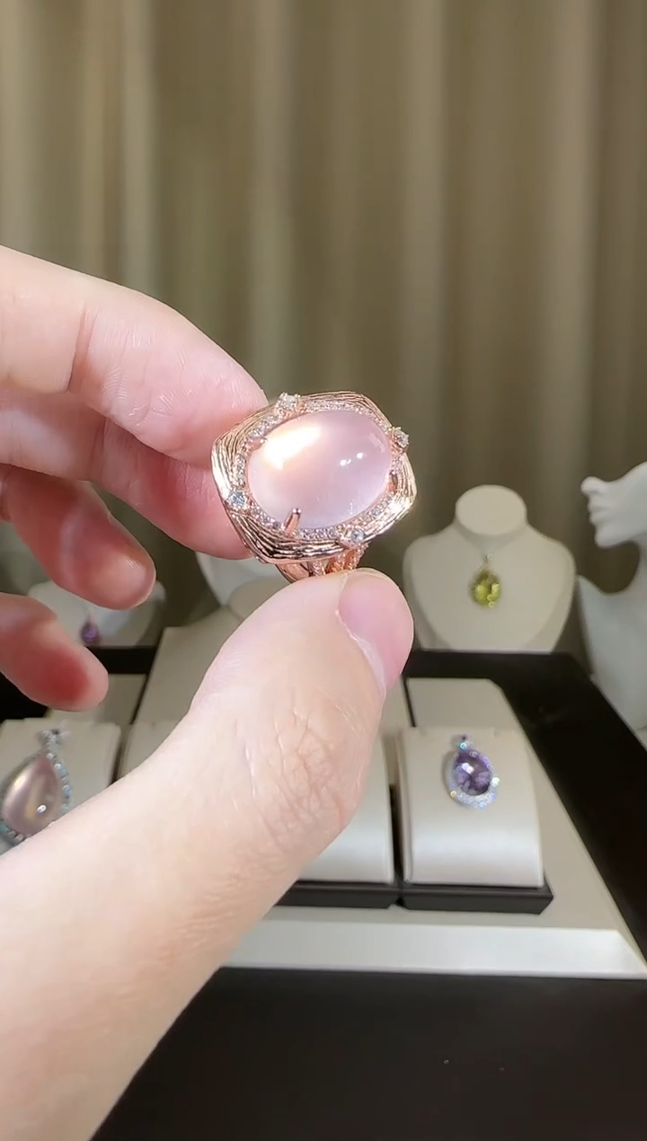 【闪购商品】芙蓉石戒指银S925镶嵌12*16mm星光粉水晶