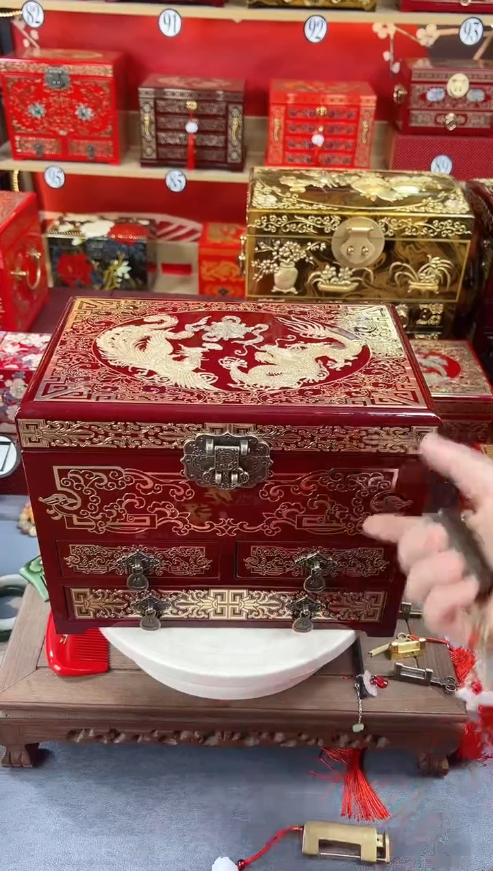 【闪购商品】28厘米四层三抽掐丝螺钿镶嵌酒红龙凤