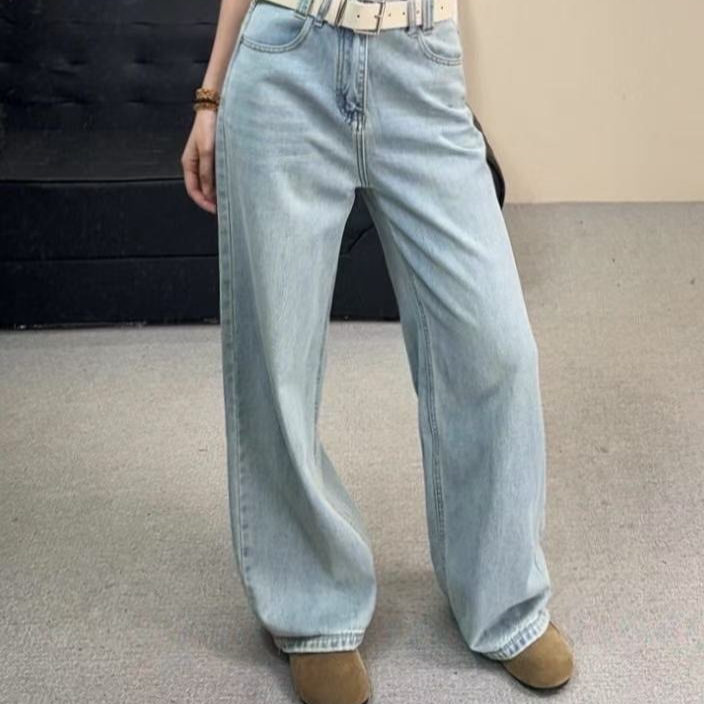 水洗复古磨破直筒牛仔裤女春季新款高腰宽松显瘦阔腿长裤89815#