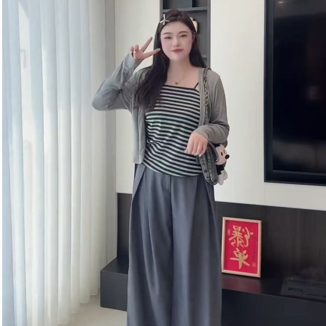 2025夏季新款大码女装韩系条纹吊带+开衫外套+阔腿裤