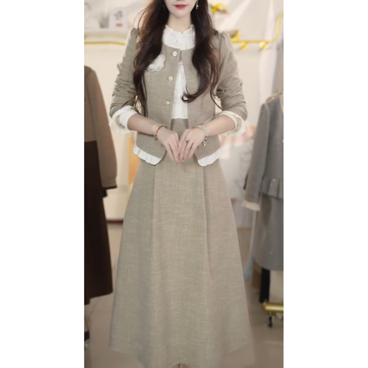 法式宫廷风时尚套装收腰减龄长袖秋季修身气质裙套装Y879295