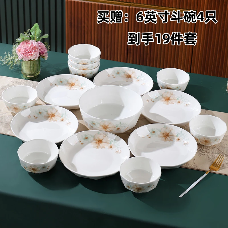 【无礼盒】BK陌上花开圆盘19件套家用碗碟盘套装聚会送礼餐具