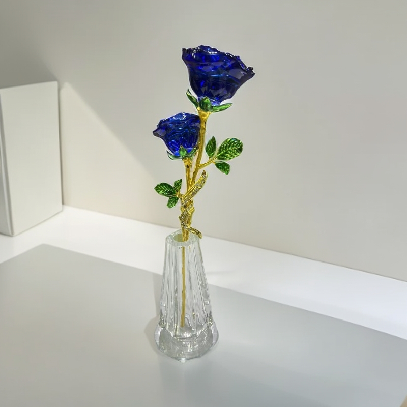 水晶玫瑰花摆件装饰花瓶清新蓝色双头玫瑰高级感客厅摆件
