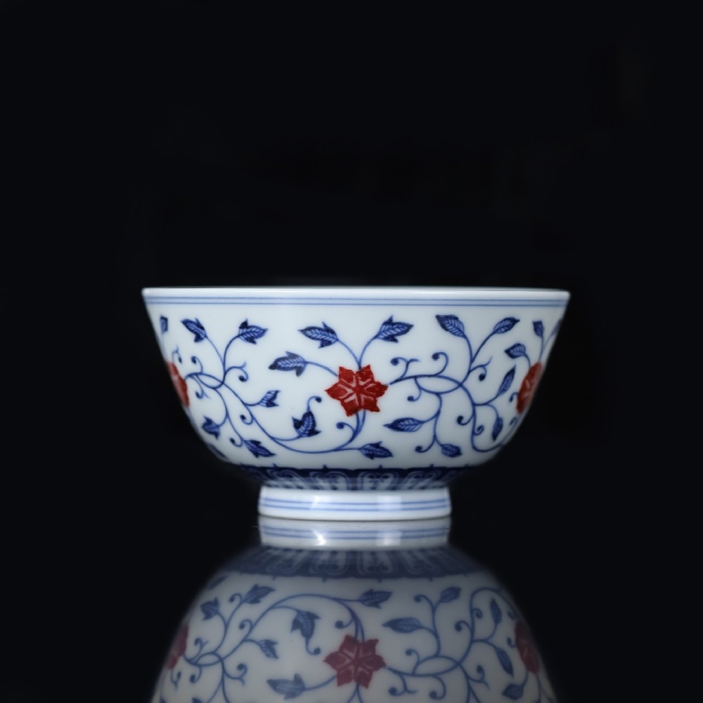 片雲晚谷片云晚谷青花釉里红缠枝四季花卉品杯