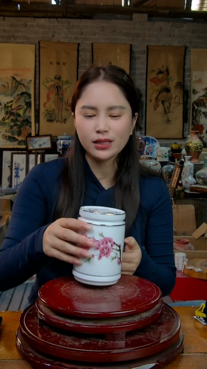 摆件陶水点桃花小茶叶罐