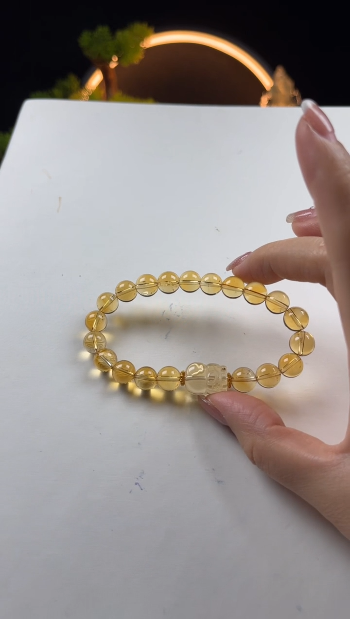 【闪购商品】黄晶手链未镶嵌天然黄水晶圆珠搭貔貅手串8mm+