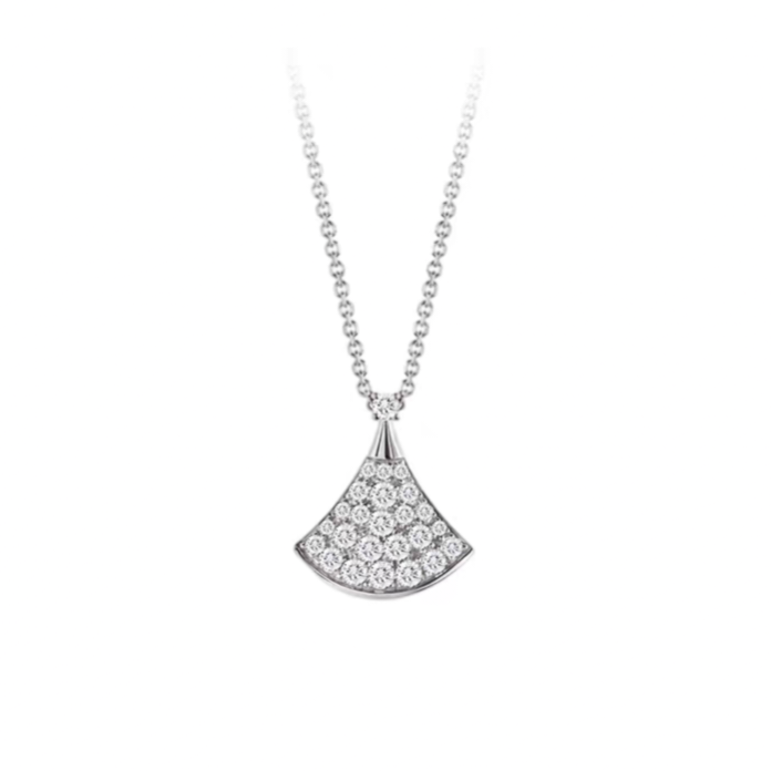 99新 BVLGARI/宝格丽 白金色 满钻扇子项链  