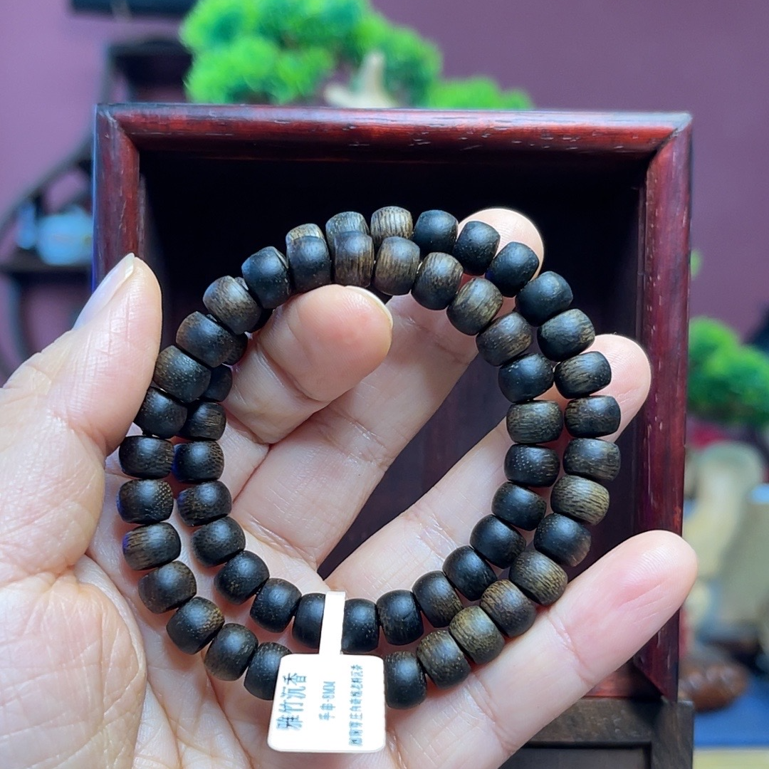 【闪购】沉香+木盒 越南芽庄白奇楠苹果珠老料双圈手串8MM-030