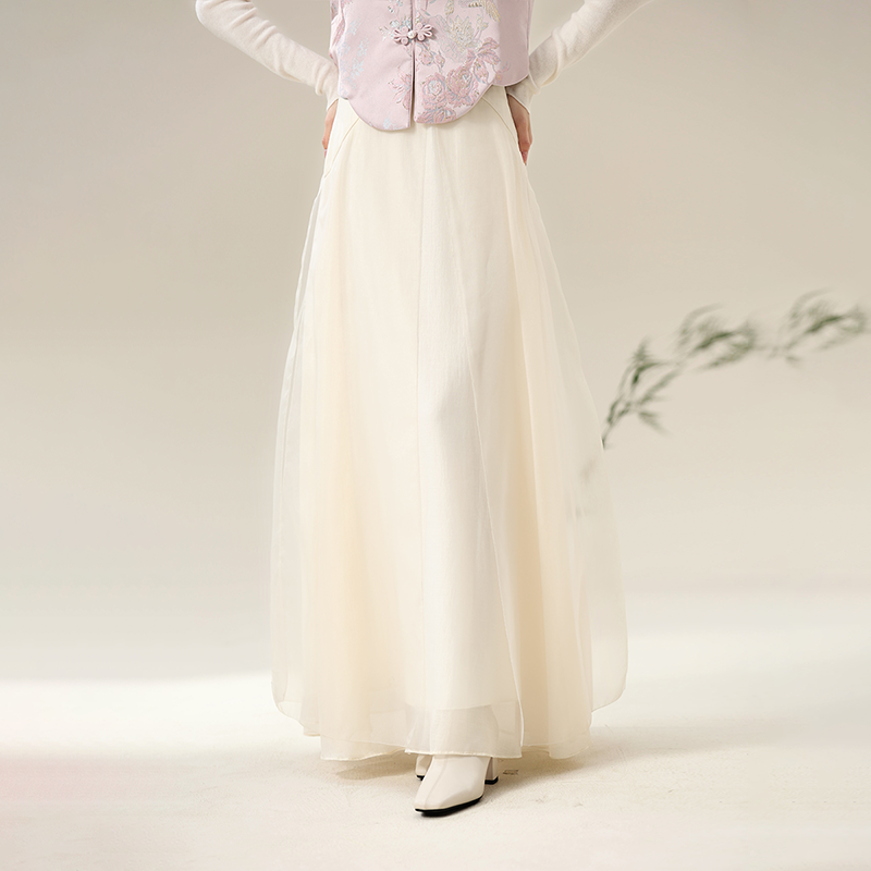 初蝉飘逸网纱秋冬新中式国风百搭优雅气质仙女白色半身裙1010-N