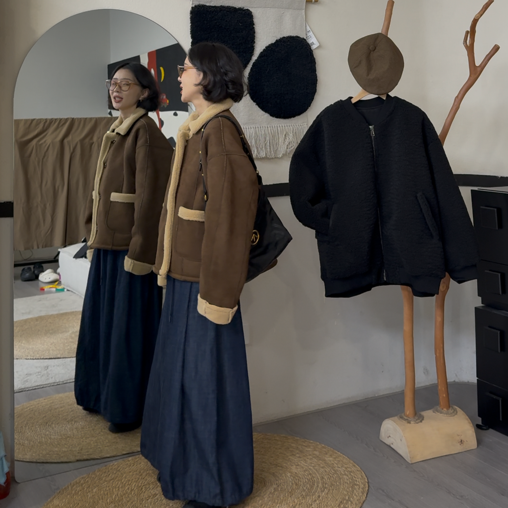 橘子罐头新款美式休闲复古宽松潮流加绒秋冬棕色加厚毛呢外套