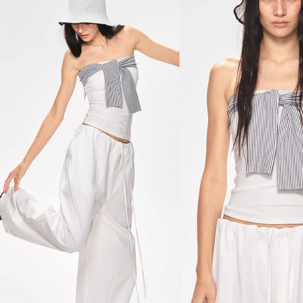 【专属】Curriges 夏季露背条纹绑带拼接设计感抹胸修身显瘦上衣