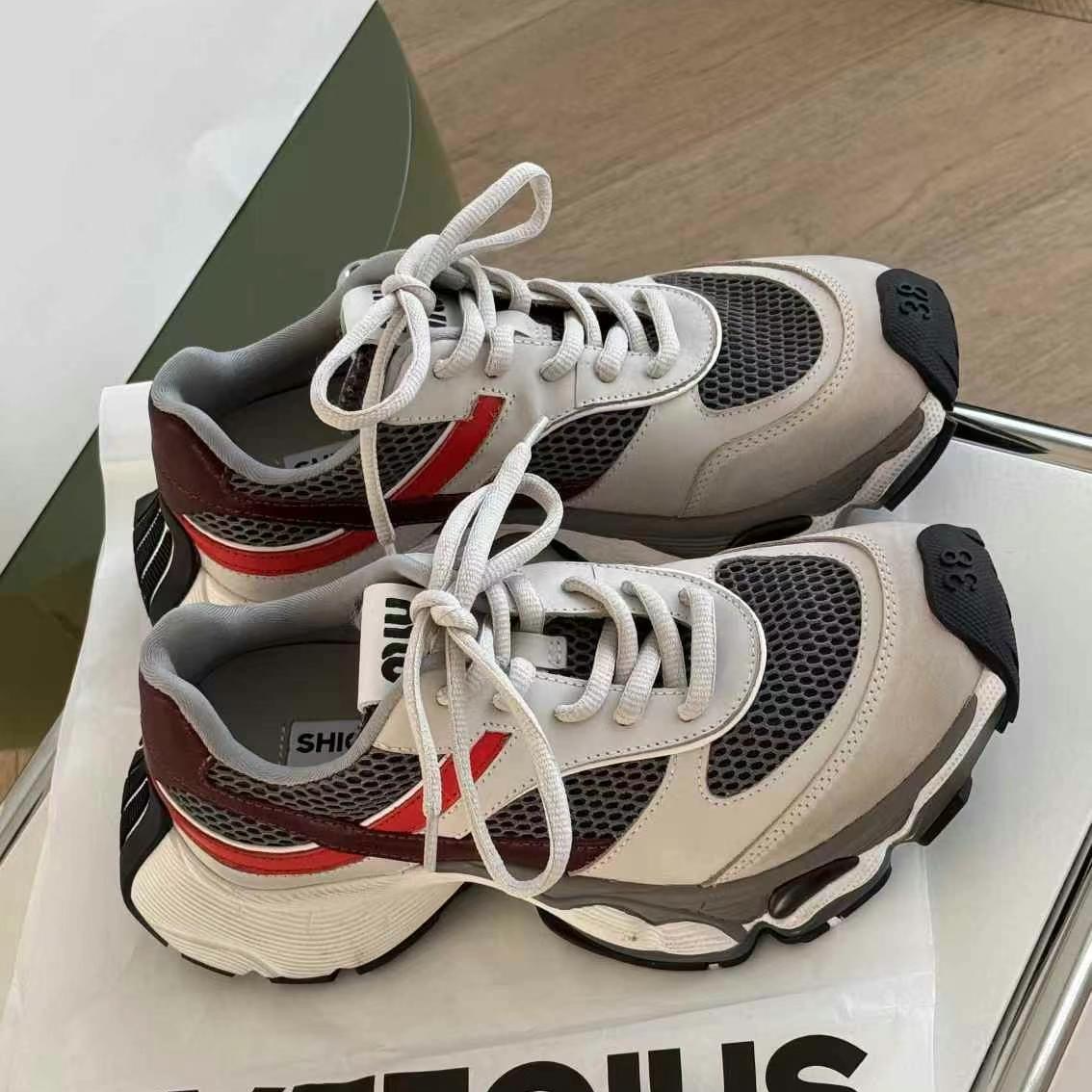 诗歌兰真皮女鞋2025春季新品厚底系带时尚拼色运动鞋老爹鞋休闲鞋