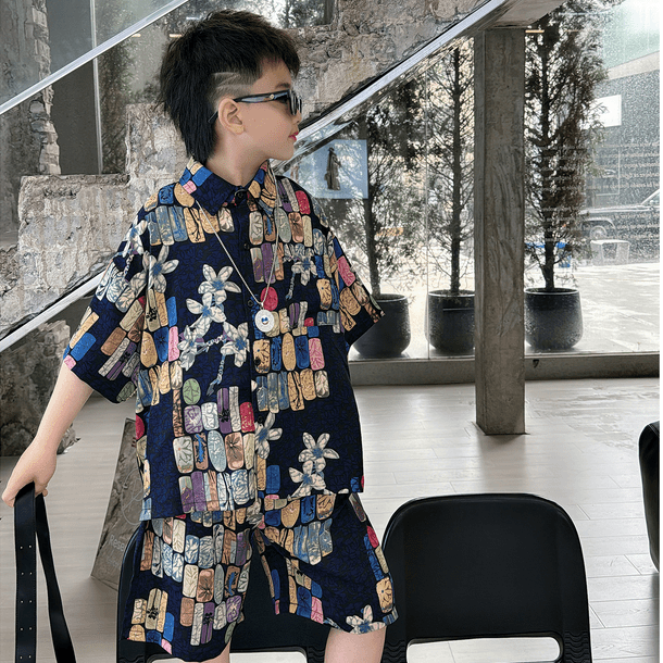男童童装夏装套装2025新款夏季短袖儿童衬衫两件套衣服洋气潮款酷