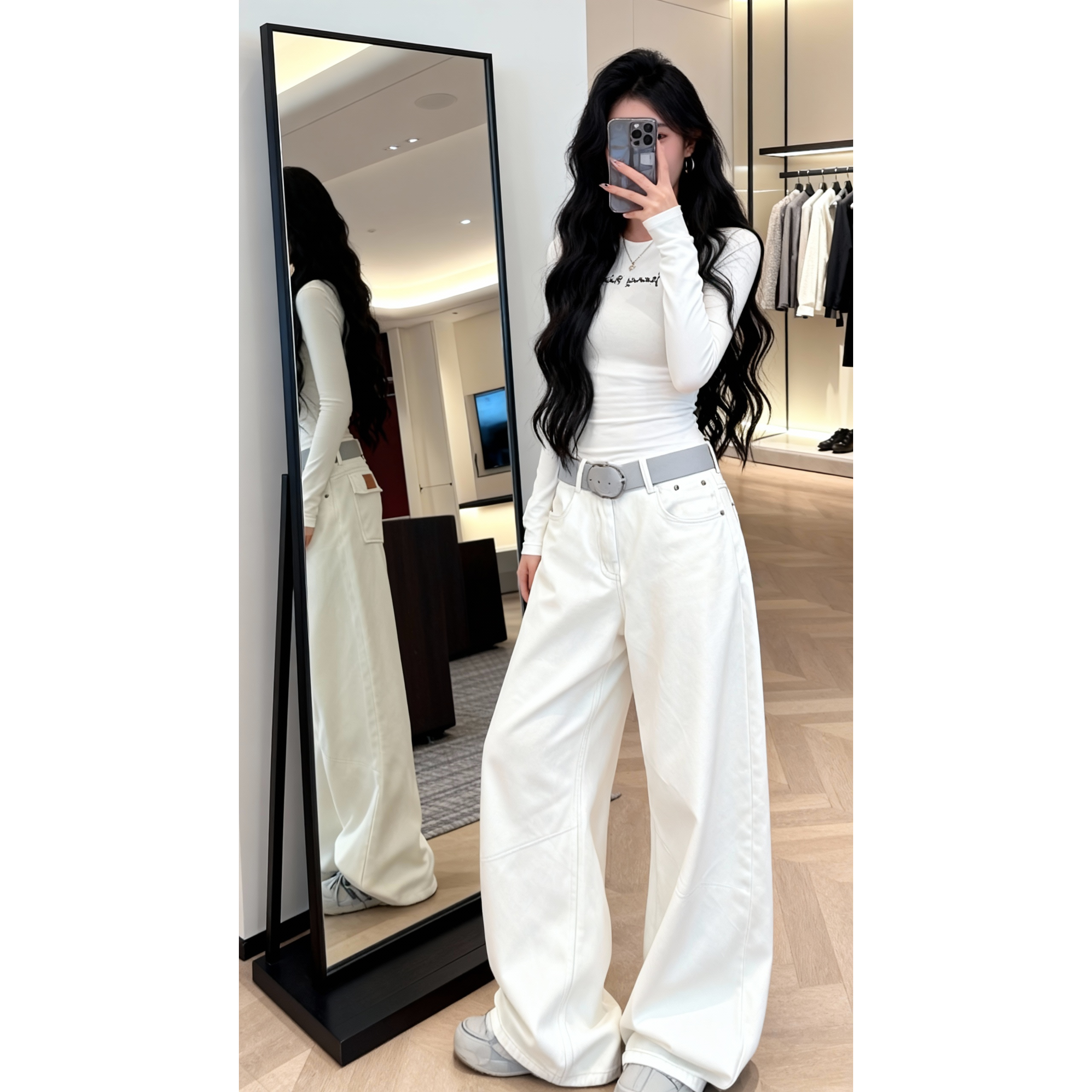 【现货秒发】加绒冷白色显瘦弯刀直筒裤秋季长袖修身显瘦上衣套装