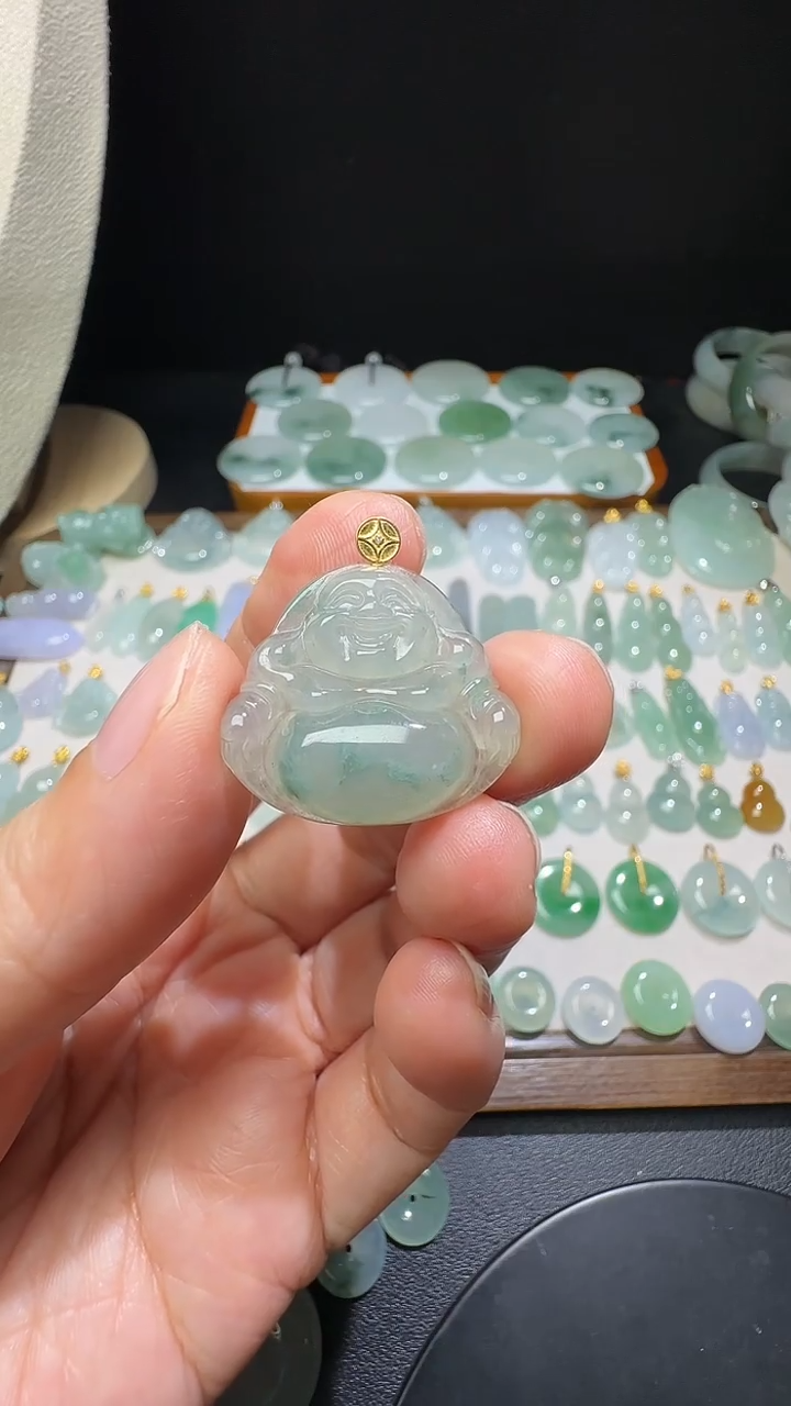 吊坠(不含链)18K金镶嵌翡翠飘花佛公