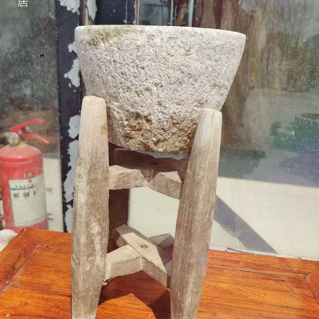 青石复古石臼家用大号老式石窝打年糕压蒜捣冲研磨器小花盆木制