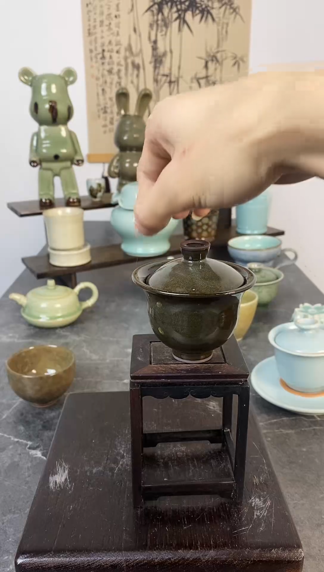 山隐青瓷微瑕柴烧铃铛盖碗