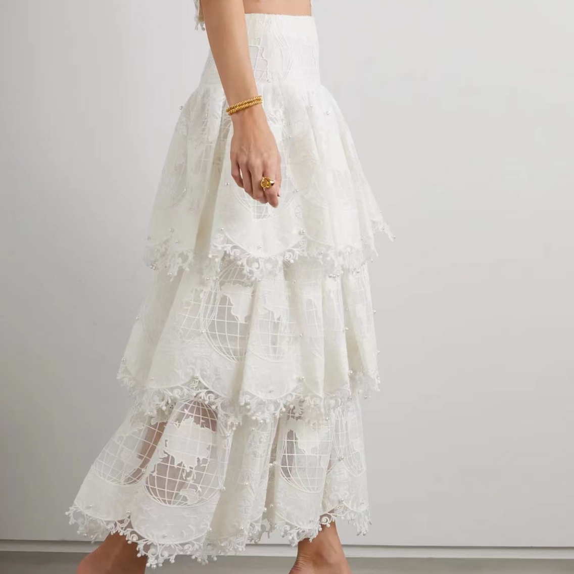 白色地球刺绣丝麻蛋糕半裙时尚气质法式优雅甜美柔情蕾丝名媛公主