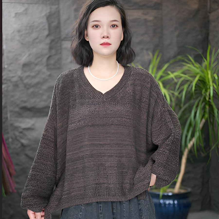 FF针织衫秋季毛针织衫宽松纯色女针织薄款加厚镂空文艺套头