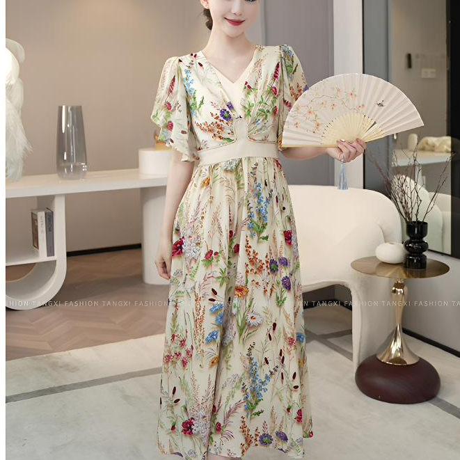 现货2025夏季新款【ZM24-X357】法式高级感气质收腰V领花色连衣裙