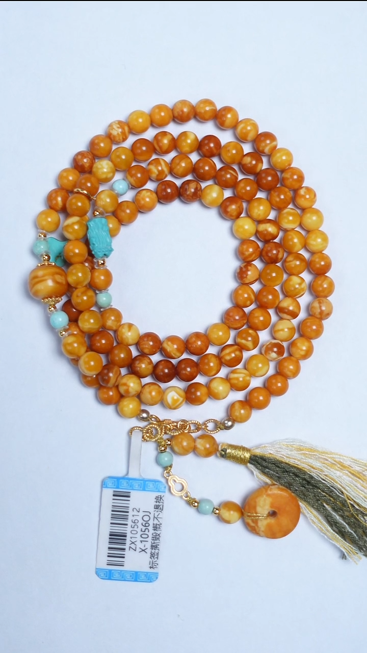 蜜蜡颈饰未镶嵌花蜡绿松108项链5-9mm