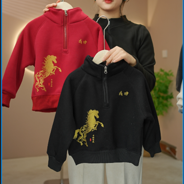 加绒男童冬季新款红色年服卫衣中大童加厚长袖卫衣