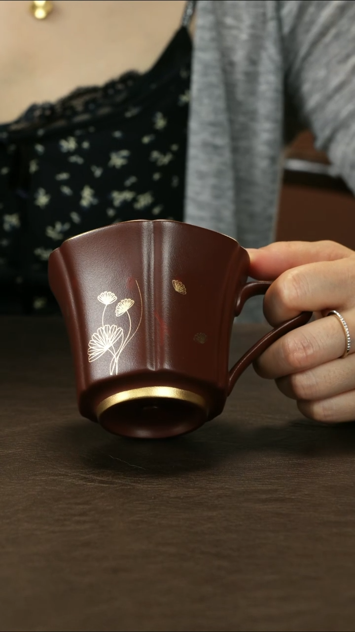 茶杯紫砂直播福利紫朱泥把杯描金