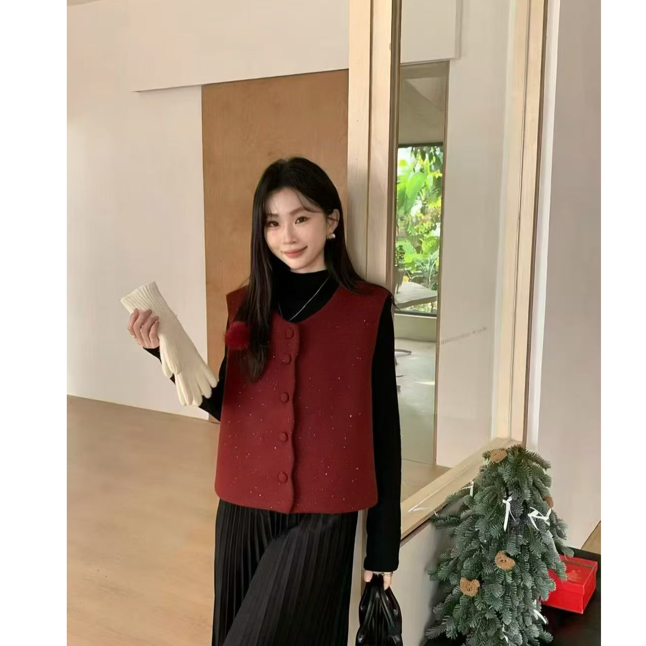 新款法式气质小香风马甲外套+百褶立领连衣裙两件套