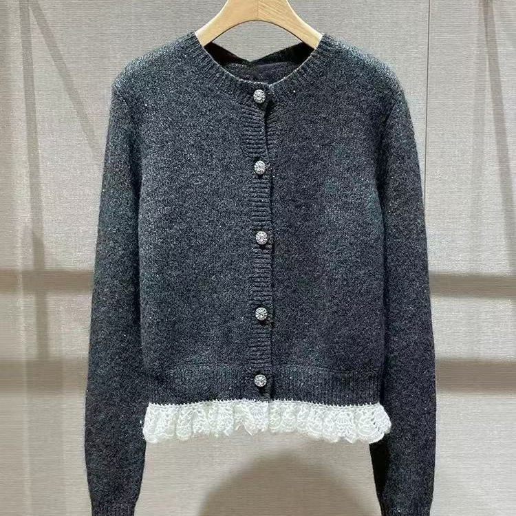 秋季单排扣女毛针织衫网红灰色短款秋冬轻奢时尚针织衫