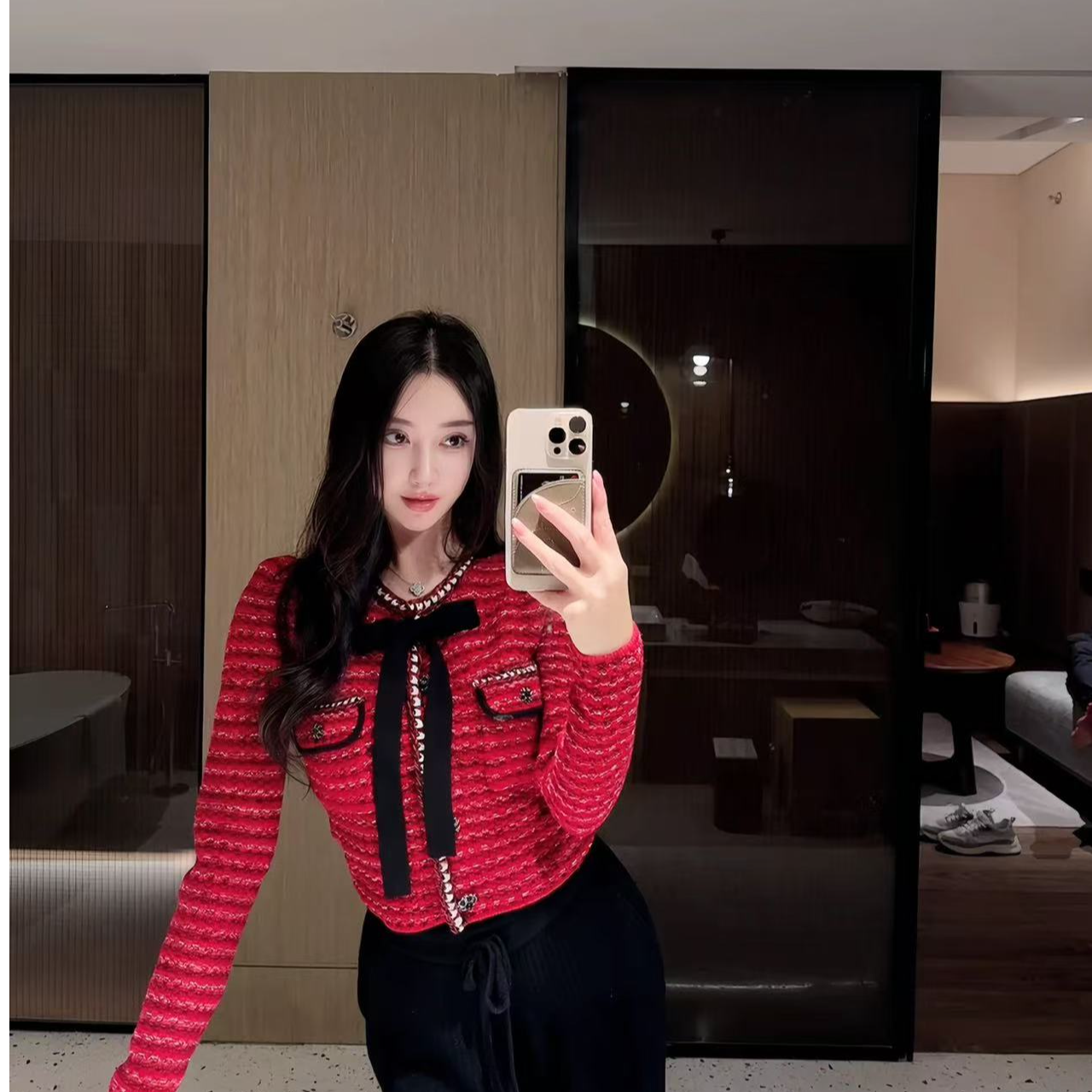 <猪猪出品>2025上新小香风红色法式编织蝴蝶结设计师名媛针织开衫