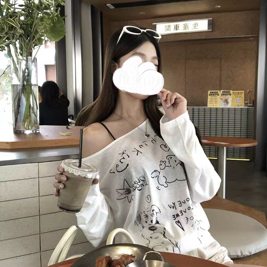 韩系慵懒风独特小众防晒长款百搭上衣t夏季设计感显瘦斜肩露肩T恤