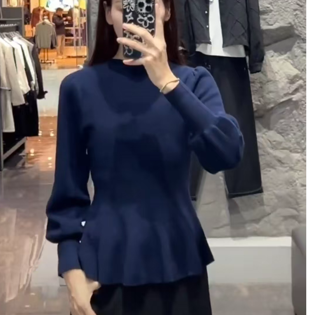 sdeer圣迪奥女装时尚百搭显瘦复古罗纹圆领荷叶边针织衫S23483507