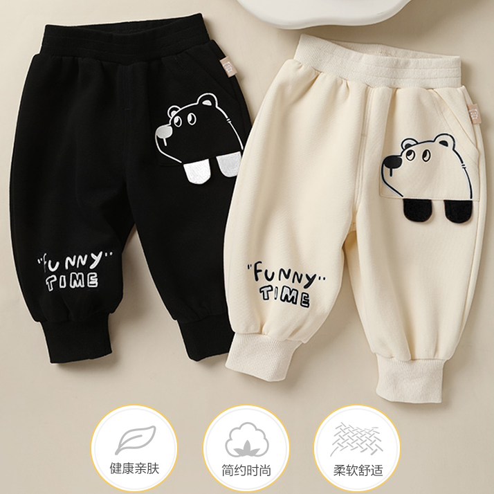 2024儿童男女宝加绒秋季新款可爱时尚华棉小熊口袋卫裤