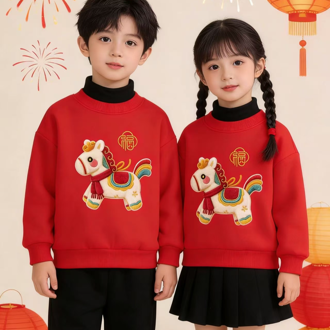 【儿童加绒卫衣】儿童加绒保暖卫衣新年服卡通印花大红色拜年服秋冬