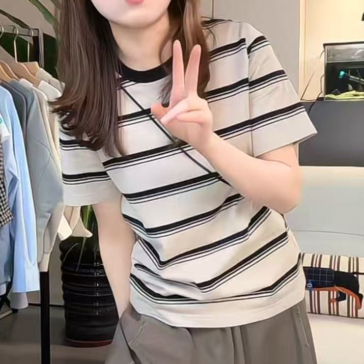 6164#【长57】2025新款时尚宽松百搭条纹短袖T恤