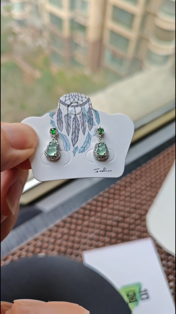 【闪购商品】翡翠耳饰银S925镶嵌翡翠耳饰S925银镶嵌