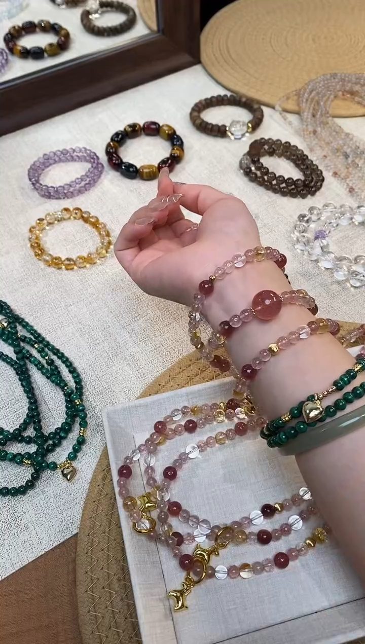 合金手链水晶《长公主》粉锂云母黄晶草莓设计三圈6-8mm多样性发一