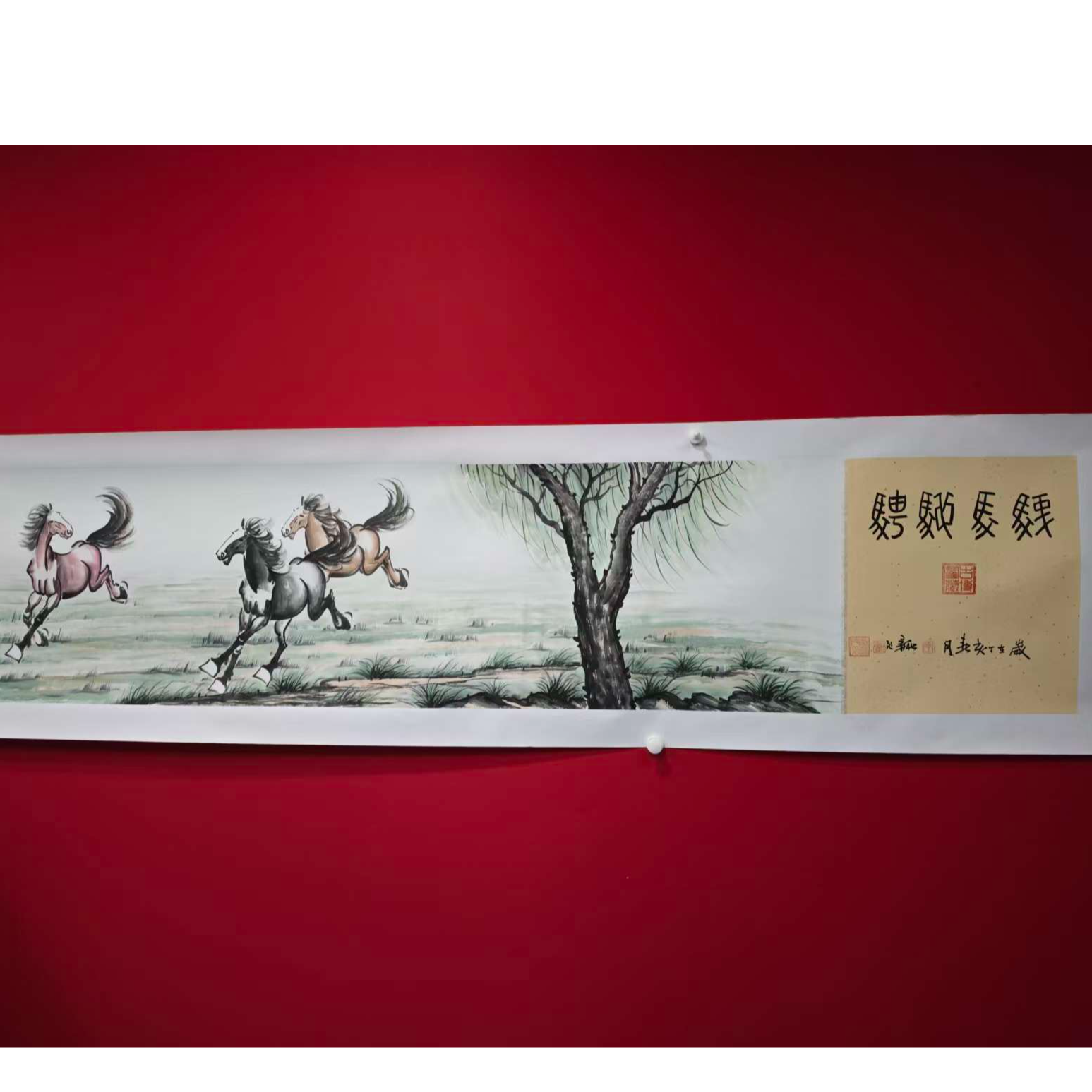 李新社-手绘宣纸7米长卷骏马驰骋-水墨画